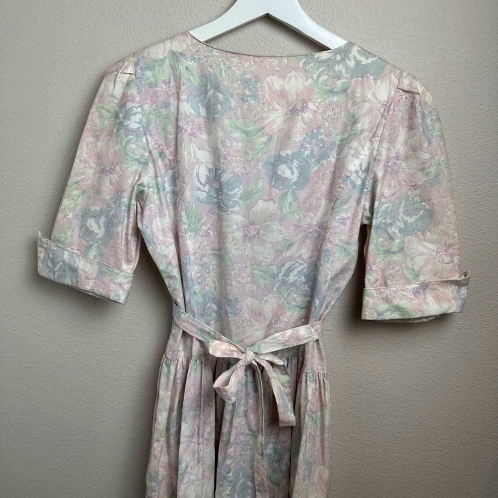 Floral Vintage Prairie Cottagecore Midi Dress Sm Pastel Pink Blue Dropped Waist - Picture 3 of 12